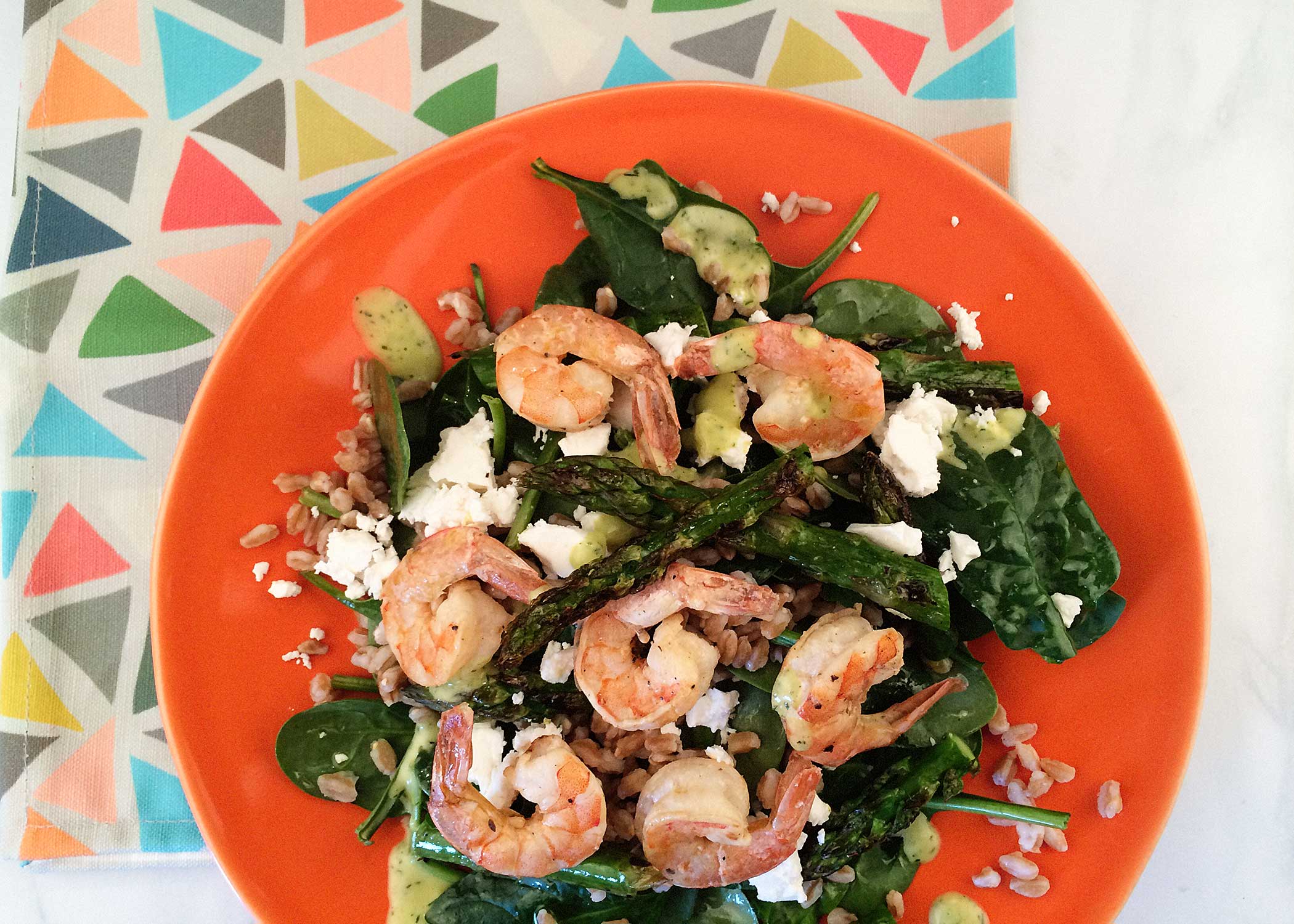 Shrimp, Farro and Asparagus Salad with Dill Mustard Vinaigrette