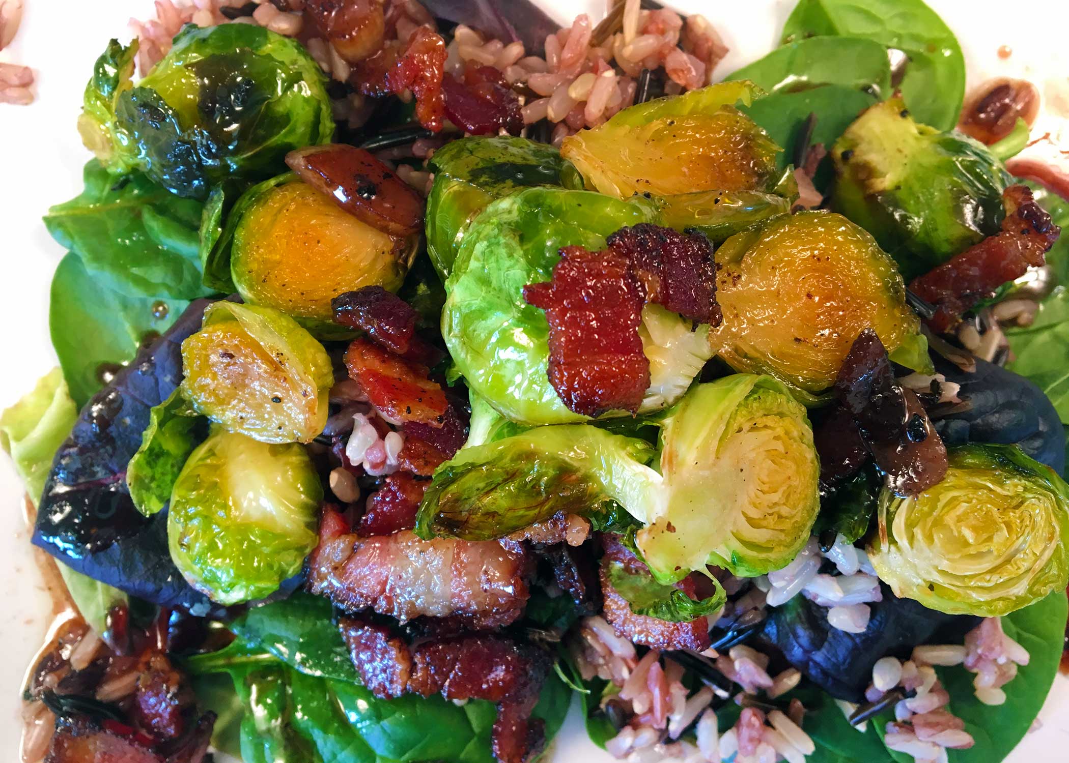 Brussels Sprout, Bacon, Brown Rice Salad with a Pomegranate and Maple Dressing