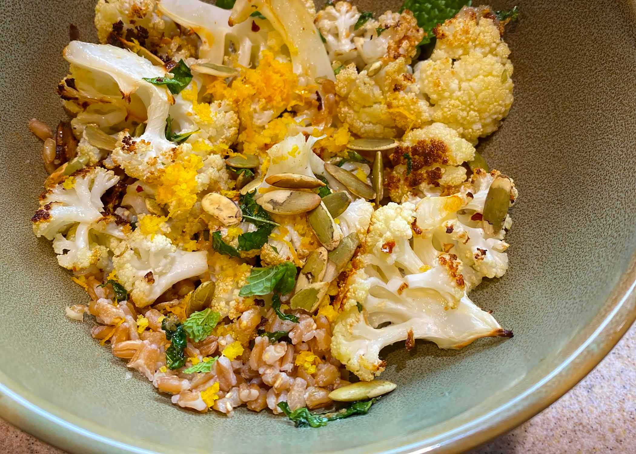 Roasted Cauliflower and Farro Salad with Garlic Mint Brown Butter