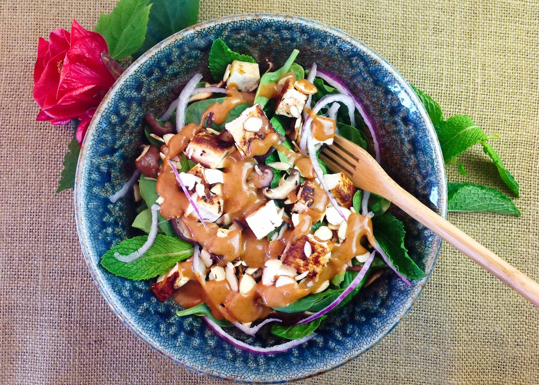 Spinach Shitake Salad – with Almond Hoisin Dressing